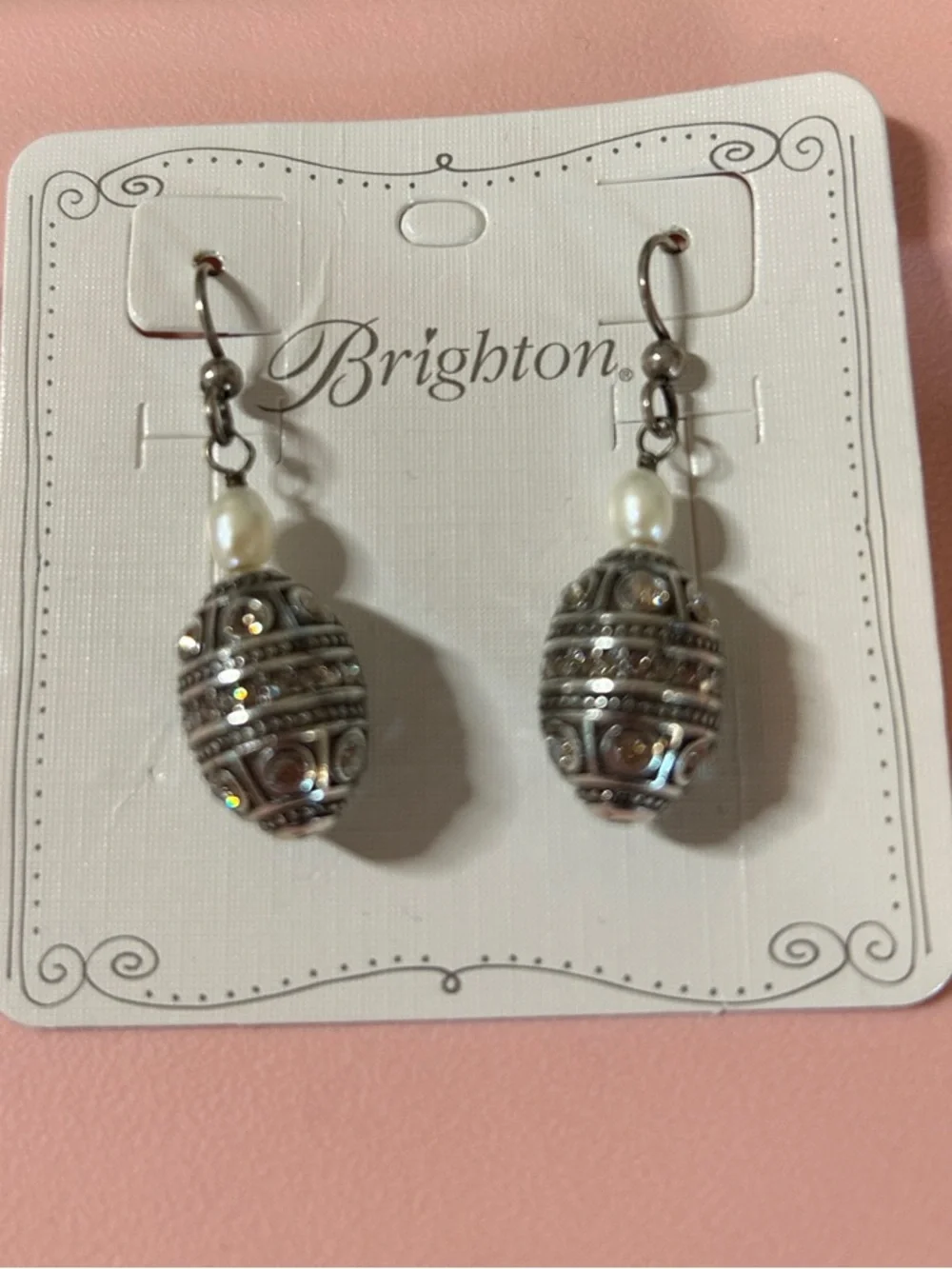 Brighton Silver-Tone Filigree Egg Drop Earrings with Pearl 0129 - Picture 2 of 8